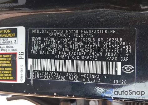2012 Toyota Camry Le z USA, uszkodzony, nr VIN 4T1BF1FK3CU056772